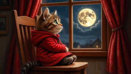 Moonlit Hoodie Kitten by the Window in Cozy Fantasy Night wallpaper