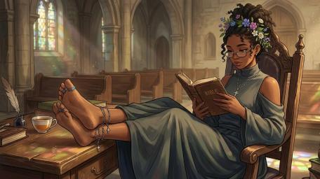 Serene Anime Nun Reading in Sunlit Cathedral Sanctuary wallpaper