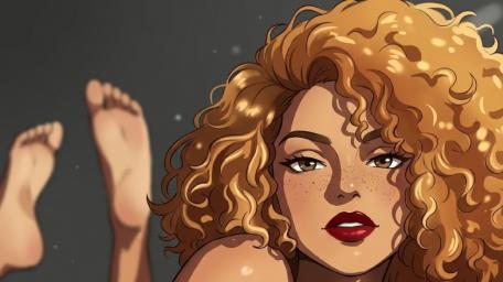 Golden Curls Anime Portrait with Freckles and Crimson Lips wallpaper