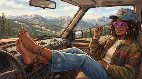 Mountain Roadtrip Smoke Break with Dreadlocked Anime Girl wallpaper