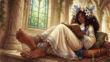 Sunlit Cloister Reading Anime Nun with Floral Crown and Cozy Calm wallpaper