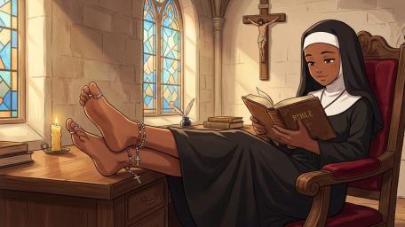 Serene Anime Nun Reading by Stained Glass Light wallpaper
