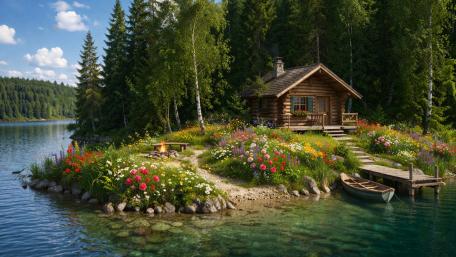 Spring Riverside Log Cabin on a Flowered Peninsula wallpaper