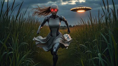 Run Beneath the UFO Glow in a Field of Shadows wallpaper