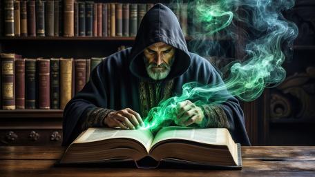 Hooded Wizard Awakens Arcane Flames Within an Ancient Tome wallpaper
