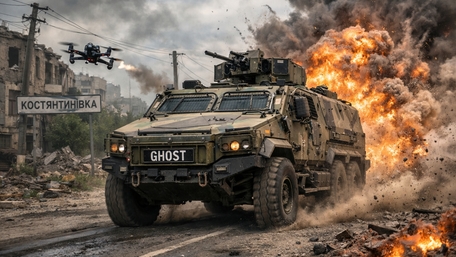 Ghost Armored Vehicle Charging Through Urban Battlefield Firestorm wallpaper