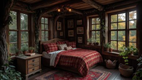 Enchanted Woodland Bedroom Retreat with Warm Plaid Bedding wallpaper