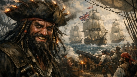Grinning Pirate Captain Over Stormy Seas and Cannonfire wallpaper