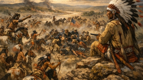 Warrior Council Above the Plains in Dramatic Painted Battle Scene wallpaper