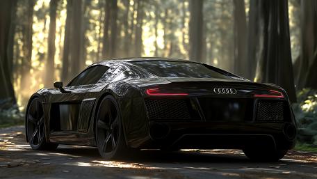 Midnight Audi Supercar Gliding Through Sunlit Forest Road wallpaper