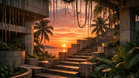 Tropical Brutalism Balcony Overlooking a Glowing Sunset Coastline wallpaper