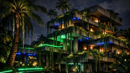 Neon Jungle Brutalism Night Balconies in a Tropical Cityscape wallpaper