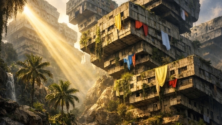 Sunlit Ruins of a Brutalist Jungle City wallpaper