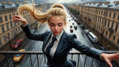 Blonde Windborne Elegance Over Rainy City Streets wallpaper