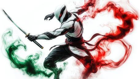 Spectral Katana Ninja Amid Crimson and Emerald Smoke wallpaper