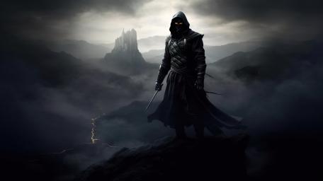 Cloaked Shadow Ninja Over Misty Mountains in 4K wallpaper