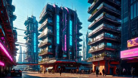 Neon Utopia Streets Beneath Skyward Towers in a Futuristic Metropolis wallpaper