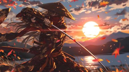 Autumn Sunset Samurai Duel Anime Style 4K Wallpaper wallpaper