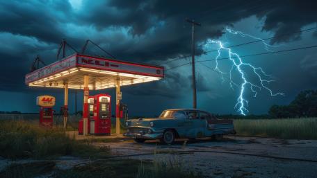 Neon Gas Station at Dusk Beneath a Cracking Thunderstorm Sky wallpaper