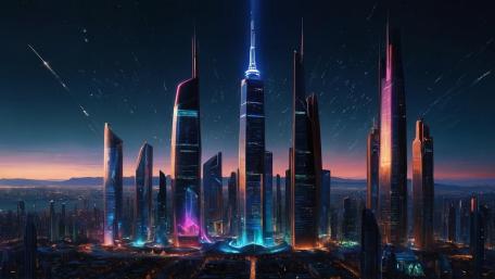 Starlit Neon Metropolis with Towering Skyscrapers and Endless Horizons wallpaper