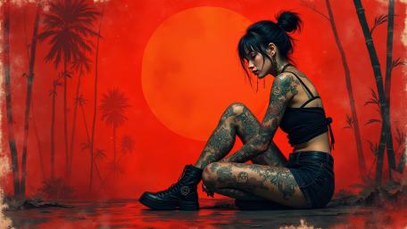 Crimson Moon Reverie of a Tattooed Gothic Oriental Muse wallpaper