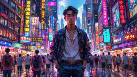 Neon Metropolis Stroll With Lone Streetwise Dreamer wallpaper