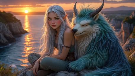 Sunset Cliffside Serenity with Elf Girl and Gentle Fur Guardian wallpaper
