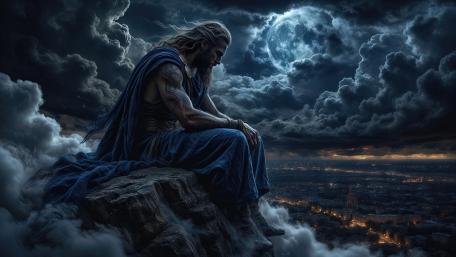 Zeus Brooding Above Mount Olympus Under a Stormlit Moon wallpaper