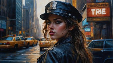 Midtown Guardian Cinematic Policewoman in Rainy City Streets 4K AI Art wallpaper
