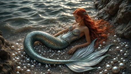 Pearl Shore Reverie of the Red Haired Mermaid wallpaper
