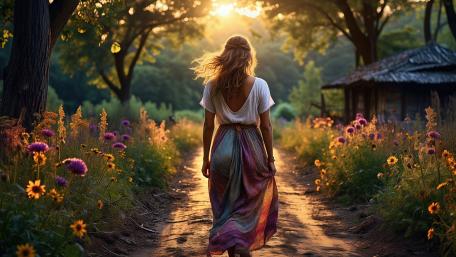 Bohemian Summer Walk Along a Wildflower Meadow at Golden Hour wallpaper