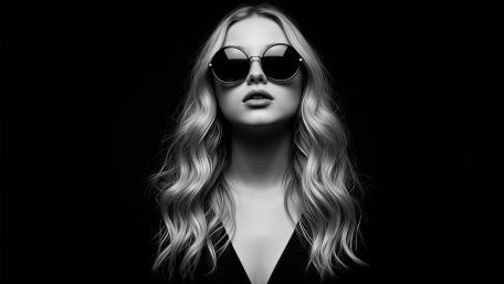Monochrome Blonde Portrait with Round Sunglasses on Deep Black Background wallpaper