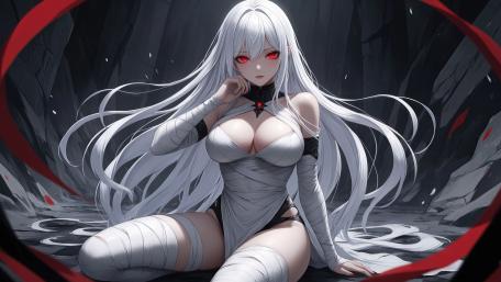 White Haired Red Eyed Gothic Anime Girl in Shadowed Abyss 4K wallpaper