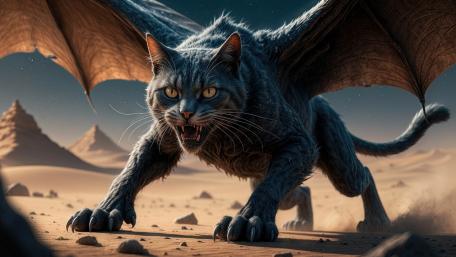 Snarling Winged Black Cat Chimera Over Desert Dunes wallpaper