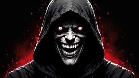 Hooded Nightmare with Glowing Eyes and a Wicked Grin wallpaper