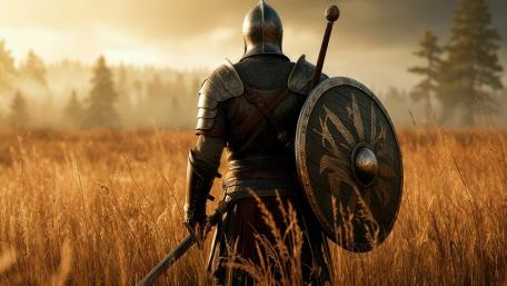 Sunlit Paladin Standing Guard in the Golden Field wallpaper