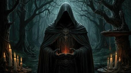 Faceless Hooded Sorcerer Summoning Arcane Fire In a Gothic Forest wallpaper
