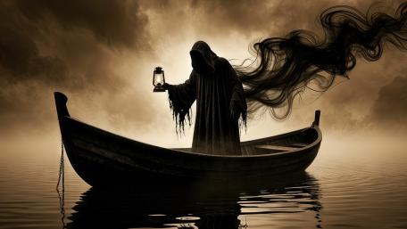 Lantern of the Styx The Hooded Ferryman in Twilight Mist wallpaper