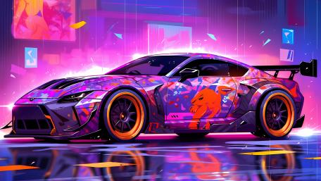 Neon Anime JDM Tuner Sports Car in Cyberpunk Rain wallpaper