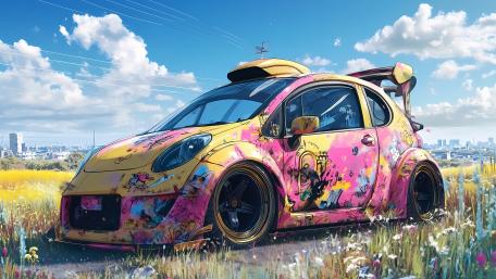 Vibrant Anime Road Trip Car Under Fluffy Summer Clouds wallpaper