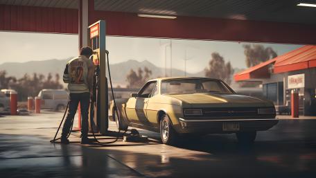 Sunset Refuel with a Classic Muscle Car at a Retro Gas Station wallpaper