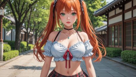 Sunlit Red Haired Kawaii Anime Girl Portrait in Quiet Street wallpaper