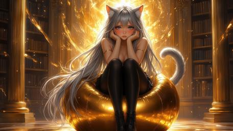 Silver Haired Catgirl in Glowing Library Dreamscape wallpaper