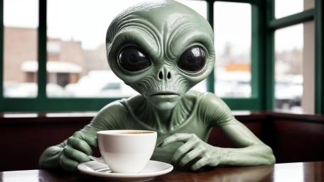 Alien Espresso Break at a Cozy Earth Cafe in 4K wallpaper
