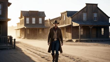 Lone Cowboy Walks Through Dusty Frontier Town at Golden Hour wallpaper