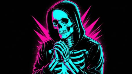 Neon Hooded Skeleton Reaper in Synthwave Gothic Fantasy Glow wallpaper