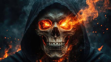Hellfire Reaper With Flaming Skull and Inferno Eyes in Dark Fantasy wallpaper