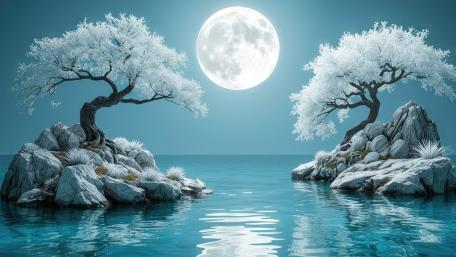 Moonlit Lagoon Between Frosted White Trees on a Mystical Island wallpaper