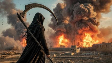 Grim Reaper Over Burning Ruins in a Smoke Choked Apocalypse wallpaper