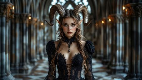 Cinematic Gothic Succubus Sorceress in Black Lace Beneath Cathedral Arches wallpaper